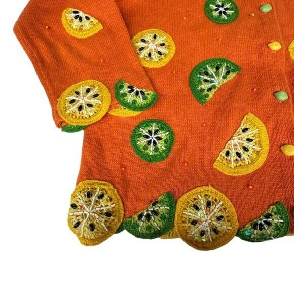Design Options M Citrus Cardigan Sweater Orange Lime Lemon Crochet Art to Wear - Picture 3 of 8